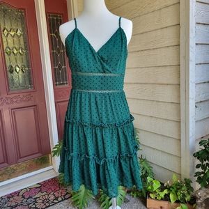 Francesca's Mi Ami Emerald Green Ruffle Tiered Swiss Dot Babydoll Dress
